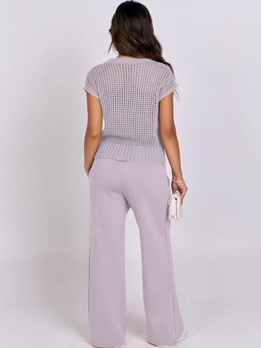 ANRABESS Women Two Piece Outfits Crochet Sheer Knit Sweater Top Wide Leg Pants Lounge Matching Sets Sweatsuit Travel Clothes Light Purple Small - Image 3