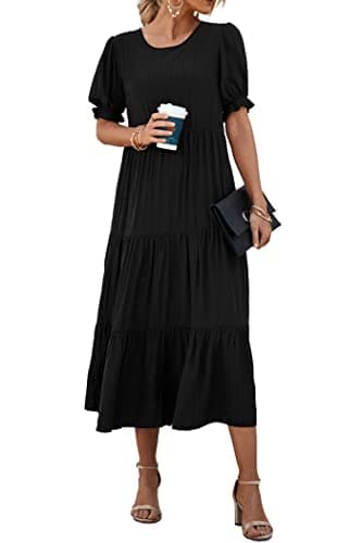 PRETTYGARDEN Summer Dresses for Women 2025 Casual Floral Boho Midi Sun Dress Puff Short Sleeve Flowy Beach Vacation Sundress (Solid Black,Small) - Image 1