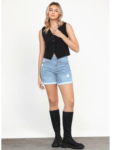 LookbookStore Jean Shorts Womens Stretchy High Waisted Ripped Denim Shorts with Pockets Trendy Beach Shorts for Women Women's Shorts Casual Cool Blue Size Small - Image 5