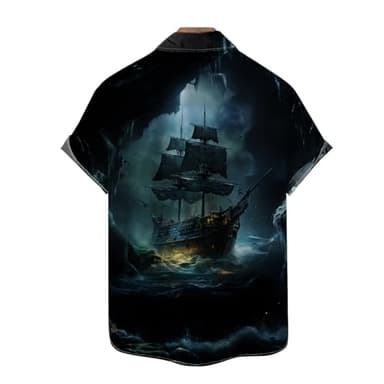 LAOLIUSN Funny Pirate Hawaiian Shirt Pirate Ship Graphic Short Sleeved Button Down Shirt,Black,M - Image 2