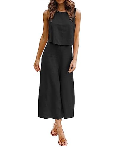 ROYLAMP Women's Summer 2 Piece Outfits Round neck Crop Basic Top Cropped Wide Leg pants Set Jumpsuits Black S - Image 2