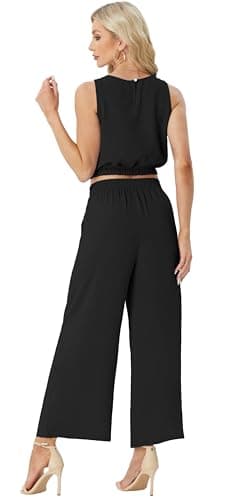 GRECERELLE Two Piece Sets for Women Sleeveless Crop Top Wide Leg Pants Sweat Set for Women 2025 Summer Black-M - Image 4