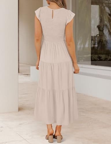 ZESICA Women's 2025 Summer Casual Flutter Short Sleeve Crew Neck Smocked Elastic Waist Tiered Midi Dress,Apricot,Medium - Image 3