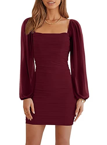 Wenrine Women's Mesh Long Sleeve Square Neck Ruched Party Club Cocktail Bodycon Mini Dress Wine Red - Image 1