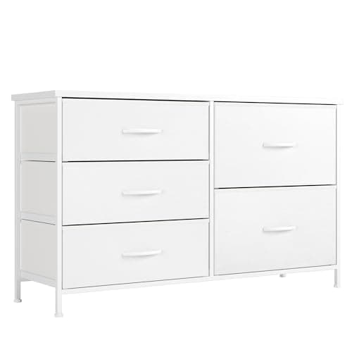 Nicehill White Dresser for Bedroom with 5 Drawers, Small Dresser for Kids' Bedroom, Closet, Wide Chest of Drawers with Fabric Storage Drawers, Wooden Top, Steel Frame, Modern, White - Image 1