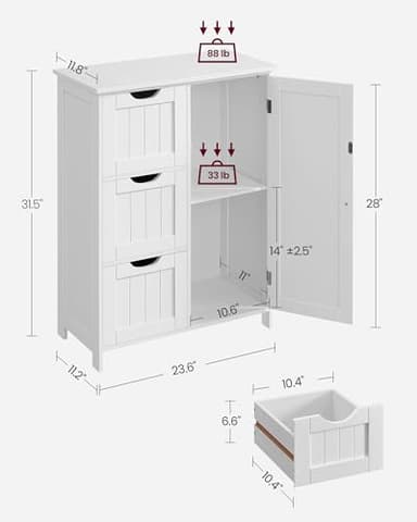 VASAGLE Bathroom Floor Storage Cabinet, Freestanding Bathroom Storage Unit with 3 Drawers, 1 Adjustable Shelf, 11.8 x 23.6 x 31.5 Inches, White UBBC49WT - Image 2