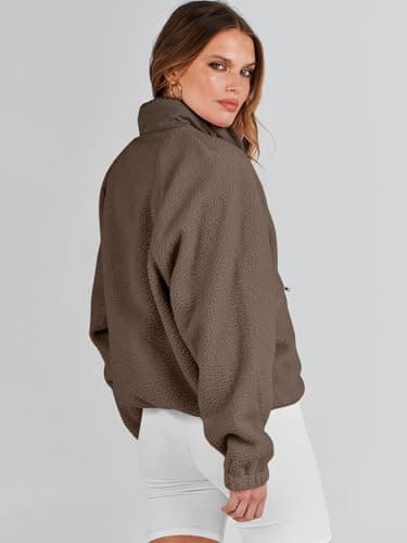 ANRABESS Womens Fuzzy Fleece Jacket Fall Casual Long Sleeve Cropped Sherpa Button Down Shacket Coats Outwear With Pockets Coffee Medium - Image 6