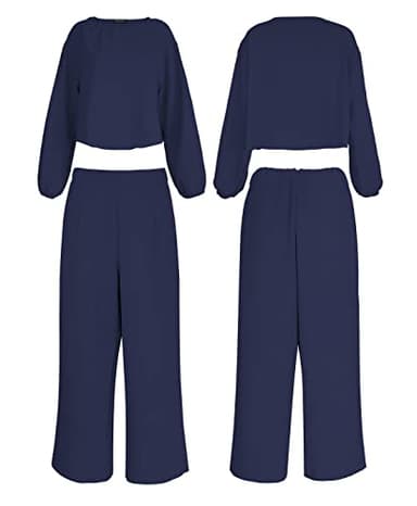 ROYLAMP Women's Fall 2 Piece Outfits Long Sleeve Round Neck Crop Top Wide Leg Pants Set with Pockets Navy Blue XXL - Image 4