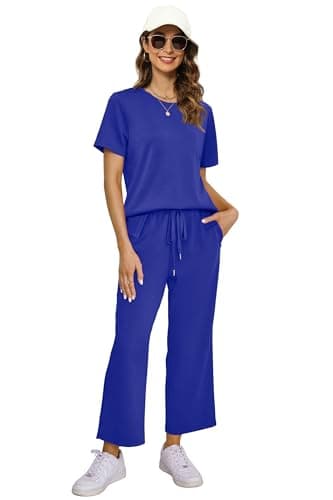 XIEERDUO Womens Sweatsuit Two Piece Summer Outfits 2 Pc Lounge Set Spring Travel Short Sleeve Tracksuit Wide Leg Loungewear Women's Track Suit Vacation Clothes Blue M - Image 3