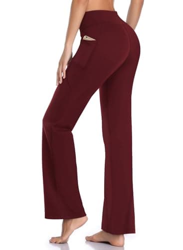 HISKYWIN Side Pockets Yoga Pants 4 Way Stretch Tummy Control Workout Running Pants, Long Bootleg Flare Pants HF201-Burgundy-S - Image 1