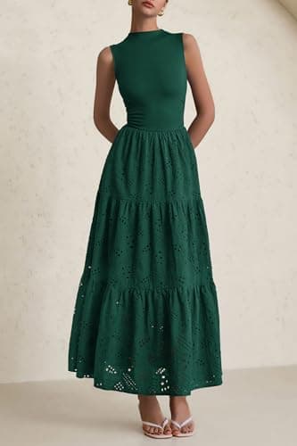 PRETTYGARDEN Summer Dresses for Women 2025 Casual Eyelet Sleeveless Wedding Guest Maxi Dress Tank Top Sundress with Pockets (Dark Green,Large) - Image 5