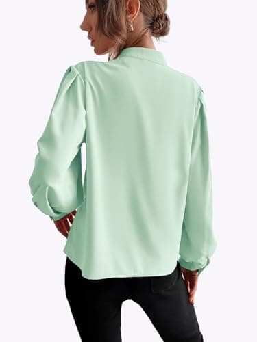 Button Down Shirts for Women, Fall Tops, Business Casual Blouse, Mock Neck Long Sleeve Tops, Solid Color Chiffon Shirt - MintGreen XL - Image 2