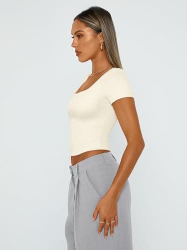 Trendy Queen Tshirts Shirts for Women Double Lined Going Out Crop Tops 2025 Spring Summer Workout Y2k Clothes Beach Fashion LightApricot M - Image 3