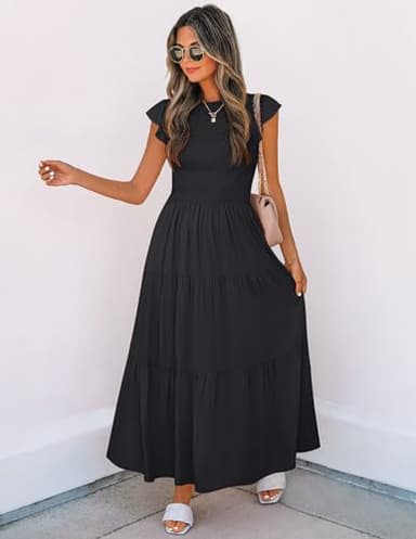 ZESICA Women's 2025 Summer Casual Flutter Short Sleeve Crew Neck Smocked Elastic Waist Tiered Midi Dress,AllBlack,Medium - Image 5