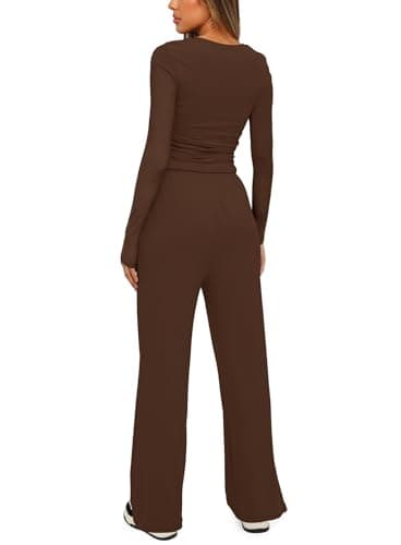Darong Women's 2 Piece Outfits Lounge Sets Ruched Long Sleeve Tops and Wide Leg Pants Tracksuit Sets 9065B Coffee XS - Image 2