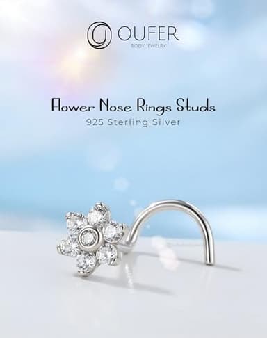 OUFER 925 Sterling Silver Nose Rings, Flower Nose Studs, Cute Nose Nostril Piercing Jewelry, Screw Shaped 20G Silver Nose Rings Studs for Women Men - Image 2