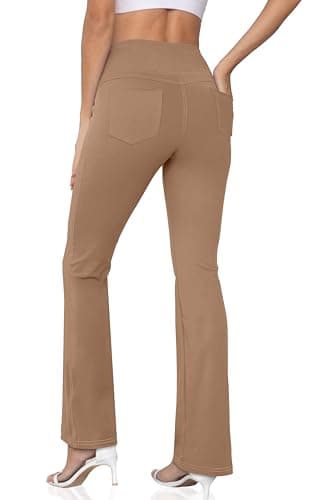 CHANLEED Women's Bootcut Yoga Pants, Flare Leggings with Pockets High Waist Causal Dress Pants Petite/Regular/Tall（Petite Solid Khaki-L） - Image 1