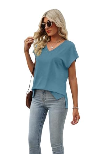 Womens Cap Sleeve Summer Tops Trendy Tank Tops V Neck Loose Fit Shirts Blue Green M - Image 3