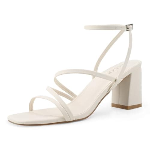 LACUONE Strappy Heels for women Block Heels Square Toe Chunky Ankle Buckle Pump Heeled Sandals (8.5,Beige) - Image 1