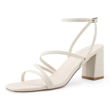 LACUONE Strappy Heels for women Block Heels Square Toe Chunky Ankle Buckle Pump Heeled Sandals (8.5,Beige) - Image 1