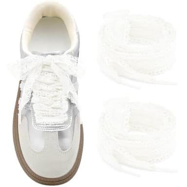 WEGOODZF Flat Lace Shoelaces for Women: 2 Pairs 2.3 CM Wide 47 Inch White Lacy Fancy Shoe Laces - Image 1