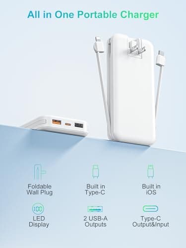 Portable Phone Charger, 12000mAh 22.5W Fast Charging Power Bank with Built-in Cables & Wall Plug, External Battery Bank with LED Display, Travel Essential Battery Pack for iPhone, iPad, Samsung White - Image 9
