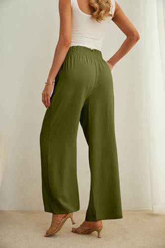 IWOLLENCE Women's Wide Leg Pants with Pockets High Waist Adjustable Knot Loose Casual Trousers Business Work Casual Pants Army Green Large - Image 4