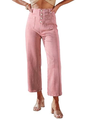 Sidefeel Women's Wide Leg Jeans High Waisted Straight Leg Zimbaplatinum Jeans Buttoned Loose Stretchy Denim Pants with Pocket Peach Blossom Size 16 - Image 1