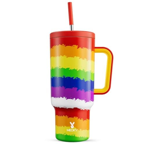 Meoky 40 oz Tumbler with Handle and Straw, Tumbler with Lid and Straw, Insulated Stainless Steel Travel Mug, 100% Leak-proof, Keeps Cold for 34 Hours (Rainbow Flag) - Image 1