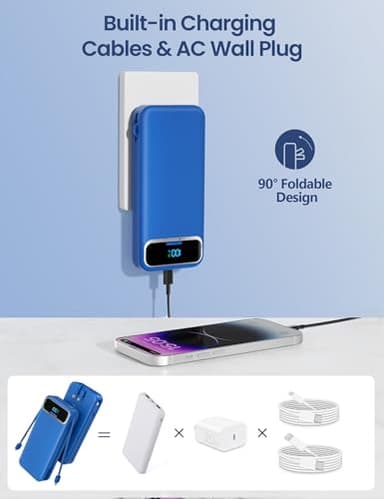 12000mAh Lightweight-Portable-Charger-Power-Bank with Built-in Cables and AC Wall Plug, PD20W USB-C Fast Charging Battery Pack, LED Display External Travel Phone Charger for All iPhone,Samsung,Android - Image 4