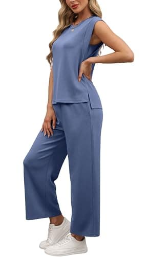OFEEFAN 2 Piece Sets for Women Matching Sets Women Clothing Business Casual Outfits Spring Summer Loungewear Set Wide Leg Pants Beach Fashion Blue S - Image 4