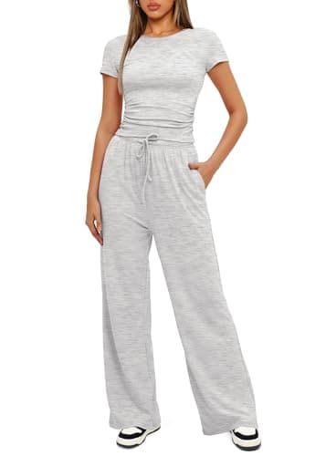 Darong Women's 2 Piece Trendy Outfits Relaxed Fit T Shirts and Long Pants Matching Sets Cozy Tracksuit Sets 9042B Light Grey M - Image 3
