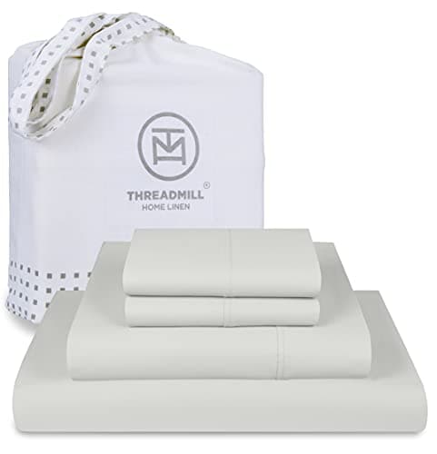 Threadmill 100% Cotton Sheets for Queen Size Bed - 600 Thread Count Queen Bed Sheets Set with 16” Deep Pocket - Sateen Weave 4-Piece Bedding Set with Cooling Effect, Light Grey - Image 1