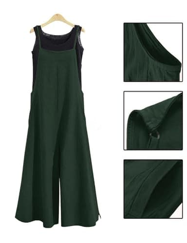 YESNO Women Casual Loose Long Bib Pants Wide Leg Jumpsuits Baggy Cotton Rompers Overalls with Pockets (2XL PZZTYP2 Blackish Green) - Image 3