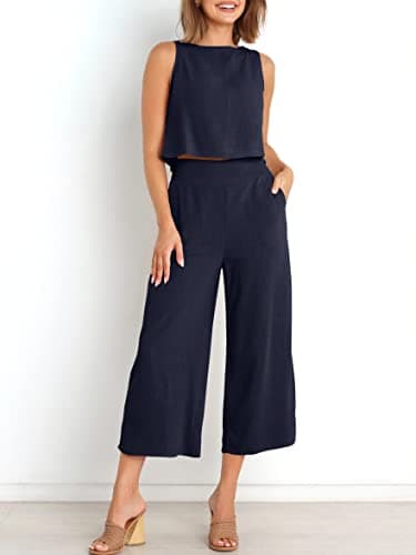 ANRABESS Women's Summer 2 Piece Outfits Sleeveless Crop Top Capri Wide Leg Pants Jumpsuit Casual Linen Lounge Matching Sets Beach Travel 2025 Trendy Clothes Navy Blue Large - Image 3