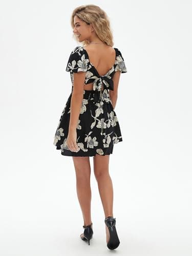 EXLURA Women's 2025 Summer Ruffle Short Sleeve Tie Back Romper Dress Square Neck A Line Cute Dressy Short Jumpsuits Black Floral - Image 4