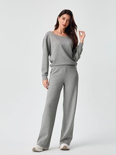 AFITNE 2 Piece Outfits for Women Long Sleeve Off-Shoulder Pullover Tops Wide Leg Sweatpants Pull On Pants Sets Stretchy Trendy Tracksuits with Pockets Fashion Mathching Sweatsuits Grey L 29" - Image 2