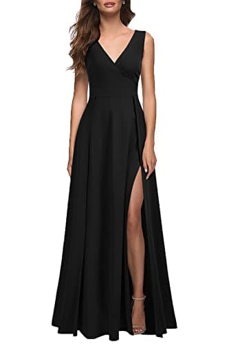 MUSHARE Women's V Neck Sleeveless Split Formal Dress Cocktail Party Prom Long Dresses Black - Image 1