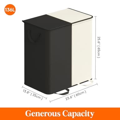 Lifewit Double Laundry Hamper with Lid and Removable Laundry Bags, Large Collapsible 2 Dividers Dirty Clothes Basket with Handles for Bedroom, Laundry Room, Closet, Bathroom, College, 136L White&Black - Image 5