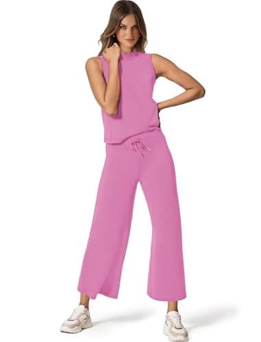 SAMPEEL Two Piece Set for Women Summer Outfits Vacation Trendy Lounge Sets Mock Neck Matching Sets Women Clothing Wide Leg Crop Pants Set - Image 2