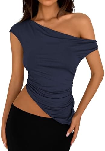 PRETTYGARDEN Womens 2025 Summer Off The Shoulder Crop Tops Sleeveless One Shoulder Ruched Asymmetrical Y2K Going Out Tank Top (Navy,X-Large) - Image 1