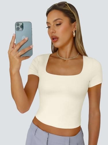 Trendy Queen Tshirts Shirts for Women Double Lined Going Out Crop Tops 2025 Spring Summer Workout Y2k Clothes Beach Fashion LightApricot M - Image 5