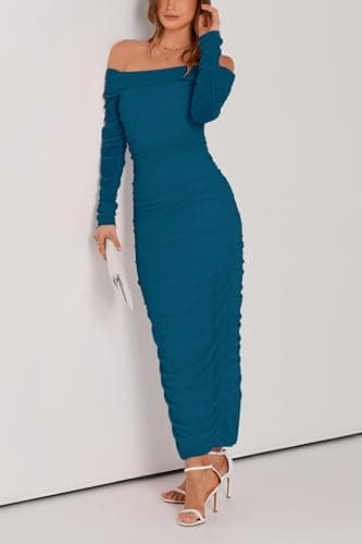 PRETTYGARDEN Women's Fall Off Shoulder Maxi Bodycon Dress Long Sleeve Ruched Fitted Club Dresses with Slit (Lake Blue,Large) - Image 7