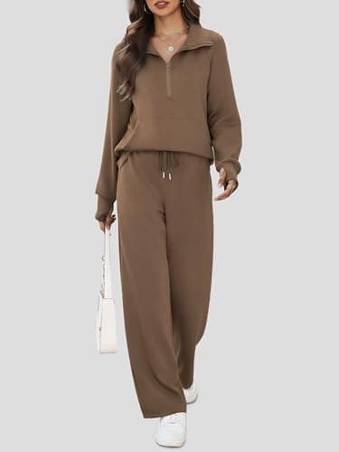 Casly Lamiit 2 Piece Outfits for Women 2025 Trendy Long Sleeve Top Wide Leg Sweatpants Fall Loung Sets Travel Clothes Athletic Suit Brown L - Image 2