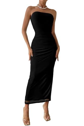PRETTYGARDEN Women's Summer Maxi Bodycon Dresses Strapless Tube Top Printed Long Party Club Slit Dress (Solid Black,Small) - Image 1