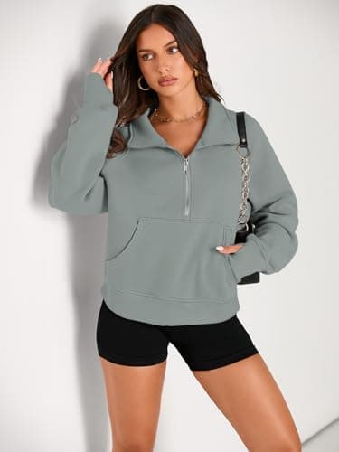 AUTOMET Womens Sweatshirts Half Zip Cropped Pullover Fleece Quarter Zipper Sweater Hoodies 2025 Fall Fashion Outfits Clothes Greygreen XX-Large - Image 2
