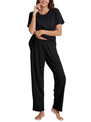 POKWAI Womens Pajama Sets Summer Short Sleeve Long Pants Pajamas Set Soft 2 Piece Pjs Ladies Pajamas Sleepwaer Pj(Black,XX-Large) - Image 1