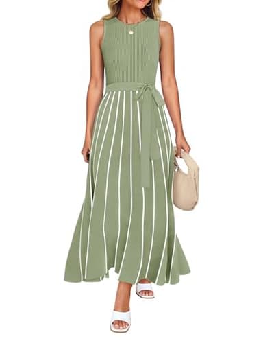 ZESICA Women's Summer Sleeveless Midi Dress 2025 Crewneck Ribbed Knit Tie Waist Casual A Line Swing Dresses,LightGreen,Medium - Image 1
