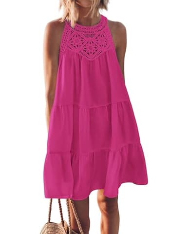 BTFBM Women Summer Halter Dresses Casual Spring 2025 Sleeveless A-Line Tiered Swing Mini Dress Beach Vacation Sundress(Rose Red, XX-Large) - Image 1