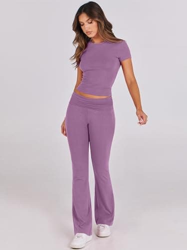 ANRABESS Lounge Sets for Women 2 Piece Foldover Yoga Flare Leggings Pants Crop Tops Casual Y2K Outfits Matching Tracksuit Set Nutmeg X-Large Purple - Image 8